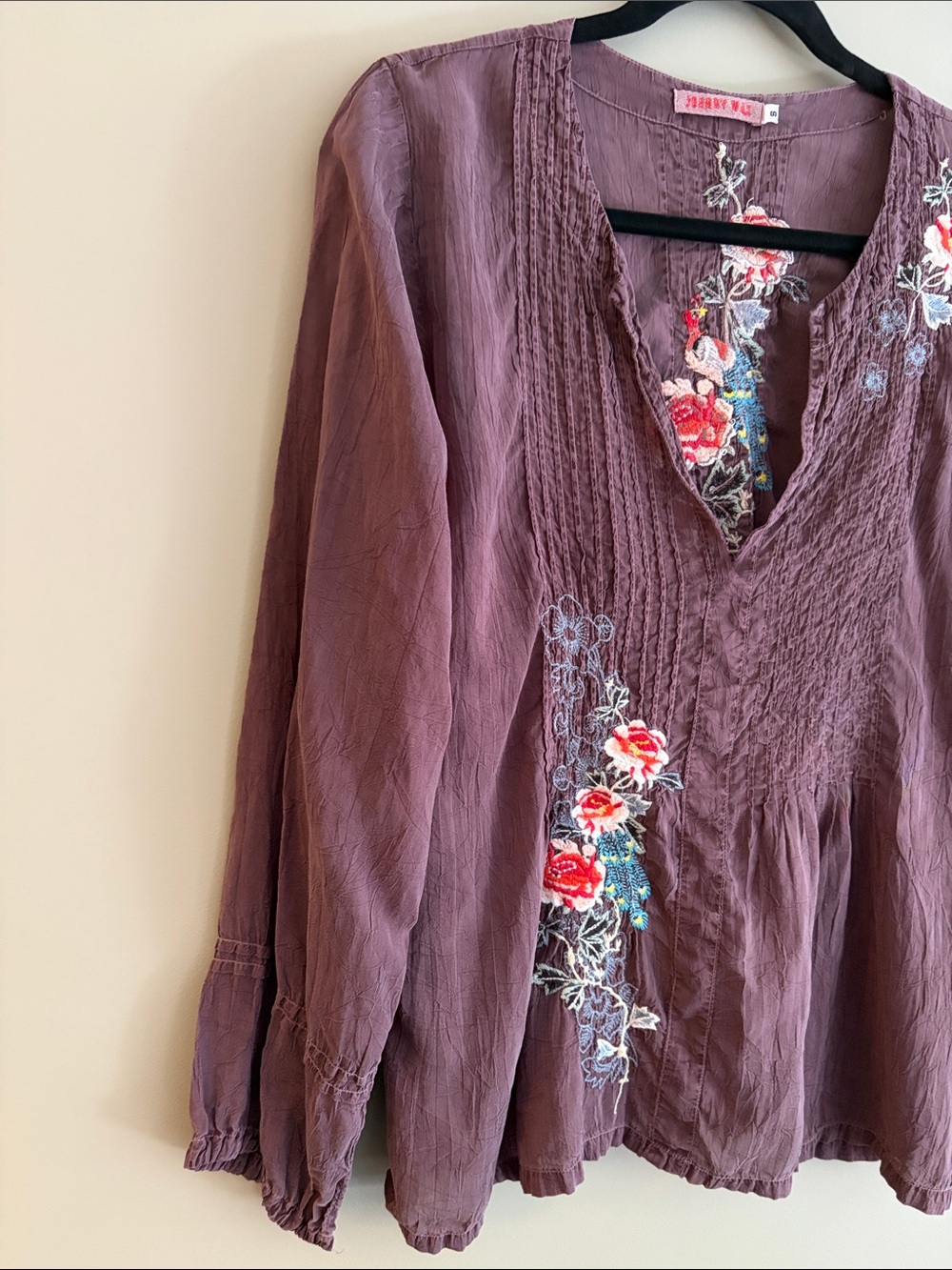 Johnny Was Plum Embroidered V-Neck Tunic Top with Red Floral Accents - Picture 5 of 11